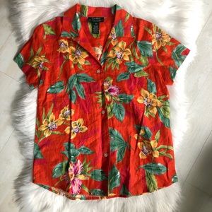 RALPH LAUREN Linen Orange Floral Hawaiian Shirt